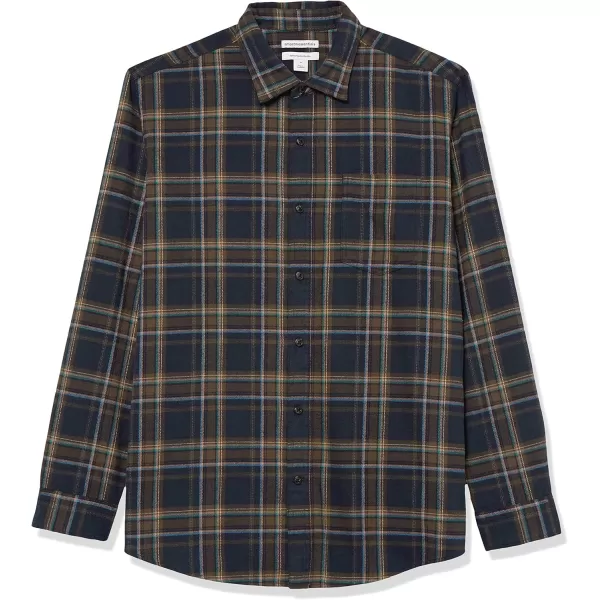 Amazon Essentials Mens LongSleeve Flannel Shirt Available in Big ampamp TallBrown Dark Navy Plaid