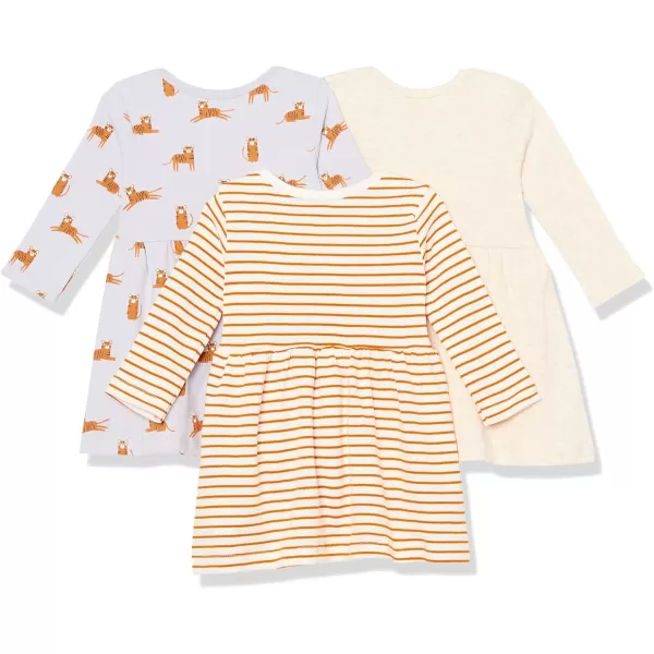 Amazon Essentials Baby Girls LongSleeve Dress Pack of 3IvoryLilacCatOrange Stripe