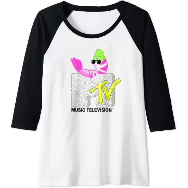 Amazon Essentials MTV Cool Shrimp Sushi Logo Raglan Baseball TeeBlackWhite