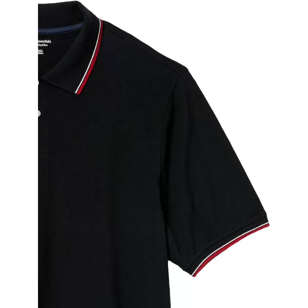 Amazon Essentials Mens RegularFit Cotton Pique Polo Shirt Available in Big amp TallBlack Red Stripe