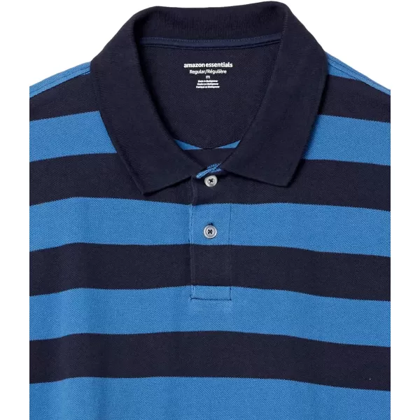 Amazon Essentials Mens RegularFit Cotton Pique Polo Shirt Available in Big amp TallBlueNavy Stripe