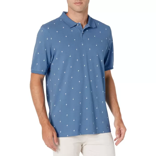 Amazon Essentials Mens RegularFit Cotton Pique Polo Shirt Available in Big amp TallBlueWhite Palm Leaf Print