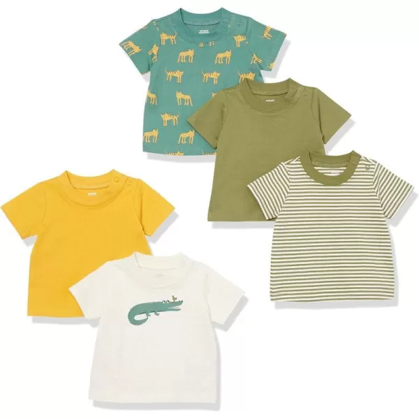 Amazon Essentials Baby Boys ShortSleeve Tee Pack of 5Beige CrocodileGreen TigerOliveYellowStripe