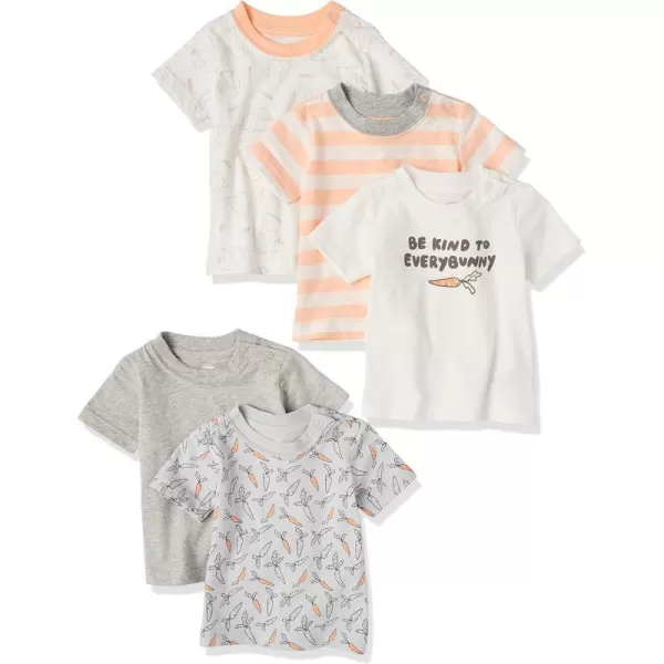 Amazon Essentials Baby Boys ShortSleeve Tee Pack of 5Grey HeatherOffwhiteOrange Rugby StripeCarrotsRabbit