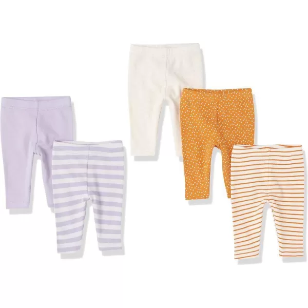 Amazon Essentials Baby Girls Leggings Pack of 55 LilacMustard Yellow DotsPurpleOrange StripeWhite