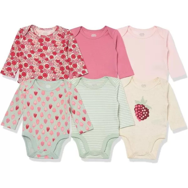 Amazon Essentials Baby Girls LongSleeve Bodysuits Pack of 6EcruLight PinkRoseFloralStrawberryStripe