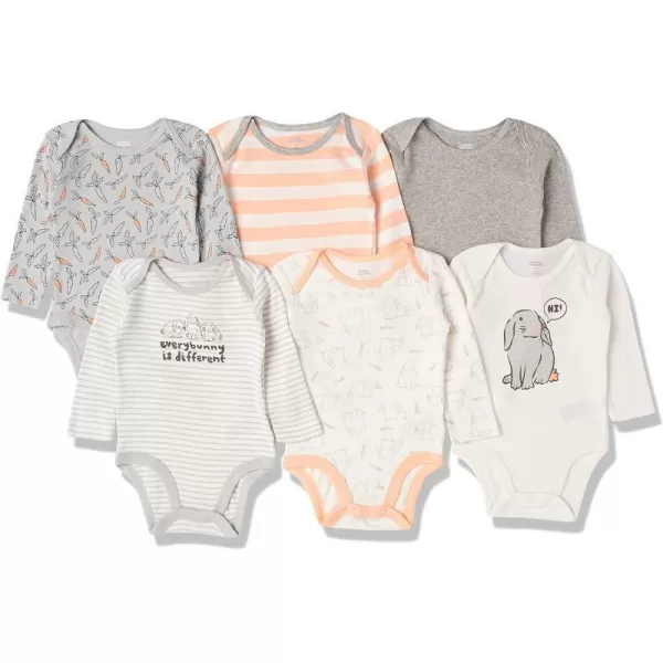 Amazon Essentials Baby Girls LongSleeve Bodysuits Pack of 6MulticolorBunnyCarrotsRugby Stripe