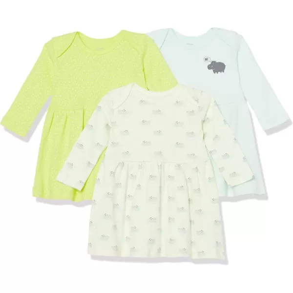 Amazon Essentials Baby Girls LongSleeve Dress Pack of 3CreamLemon Yellow DotsLight BlueHippo