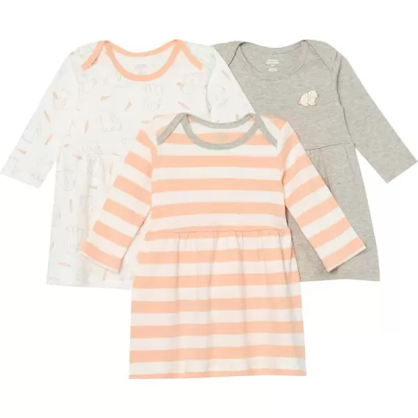 Amazon Essentials Baby Girls LongSleeve Dress Pack of 3GreyLight Pink StripeWhiteBunny