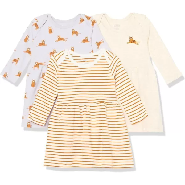 Amazon Essentials Baby Girls LongSleeve Dress Pack of 3IvoryLilacCatOrange Stripe