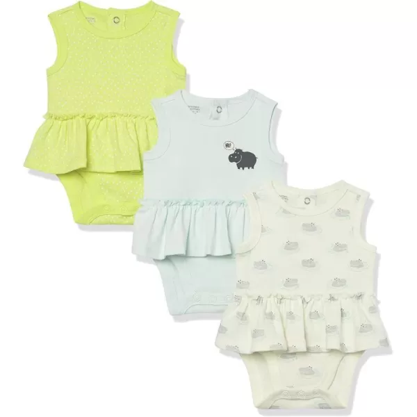 Amazon Essentials Baby Girls Sleeveless Bodysuit Dress Pack of 3Beige HipposLime Green DotsPale Blue