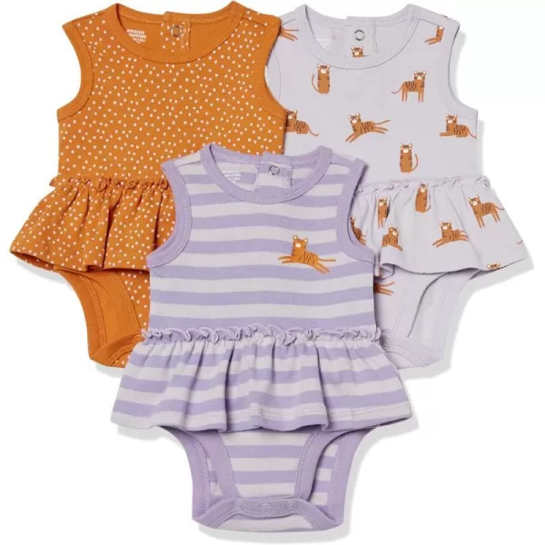 Amazon Essentials Baby Girls Sleeveless Bodysuit Dress Pack of 3Gold DotsLilac CheetahPurple Stripe