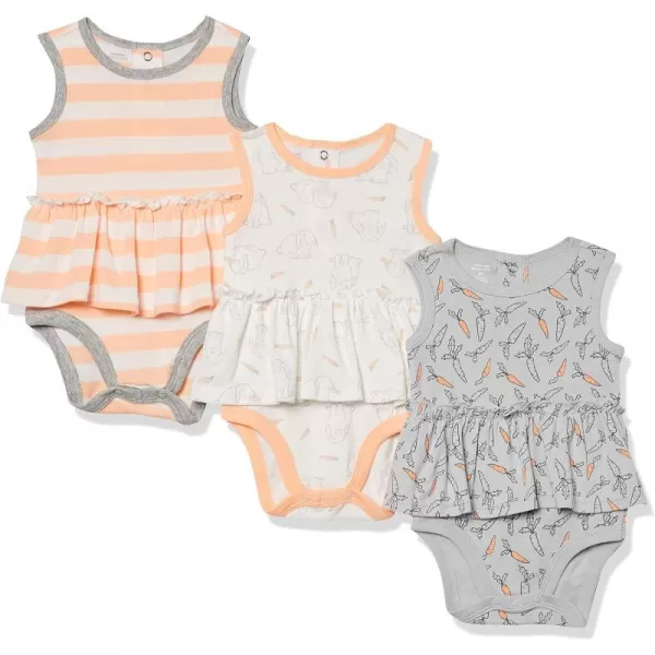 Amazon Essentials Baby Girls Sleeveless Bodysuit Dress Pack of 3Grey CarrotsLight Orange StripeWhite Bunny