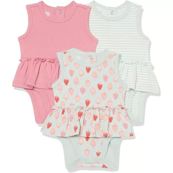 Amazon Essentials Baby Girls Sleeveless Bodysuit Dress Pack of 3Grey StripePinkStrawberries