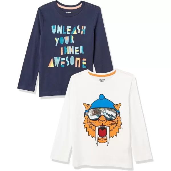 Amazon Essentials Boys LongSleeve TShirts Previously Spotted Zebra Multipacks2 NavyWhite Saber Tooth