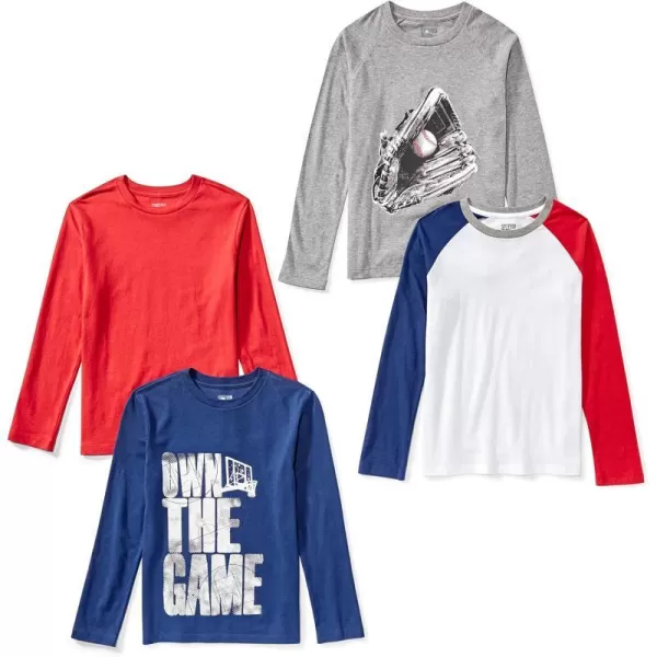 Amazon Essentials Boys LongSleeve TShirts Previously Spotted Zebra Multipacks4 Blue Text PrintGrey BaseballRedWhite