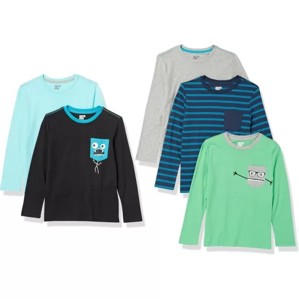 Amazon Essentials Boys LongSleeve TShirts Previously Spotted Zebra Multipacks5 MulticolorMonstersStripe