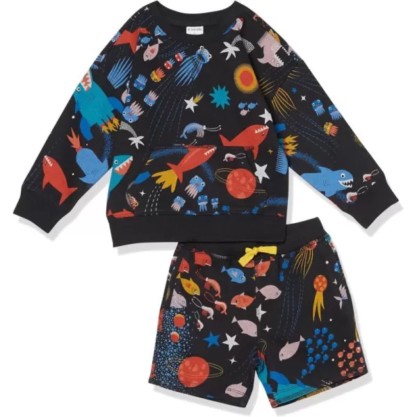 Amazon Essentials Boys and Toddlers French Terry Cozy LongSleeve Top and Short Set Previously Spotted ZebraBlack Space Fish