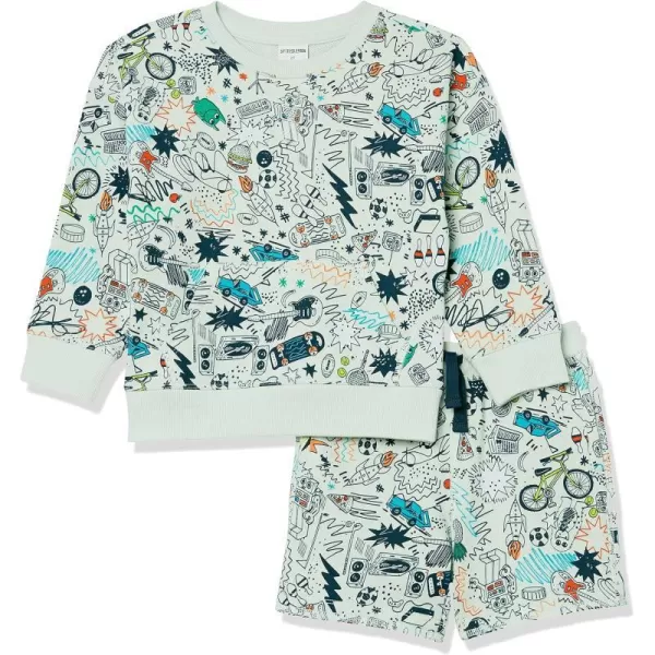 Amazon Essentials Boys and Toddlers French Terry Cozy LongSleeve Top and Short Set Previously Spotted ZebraGrey Doodles