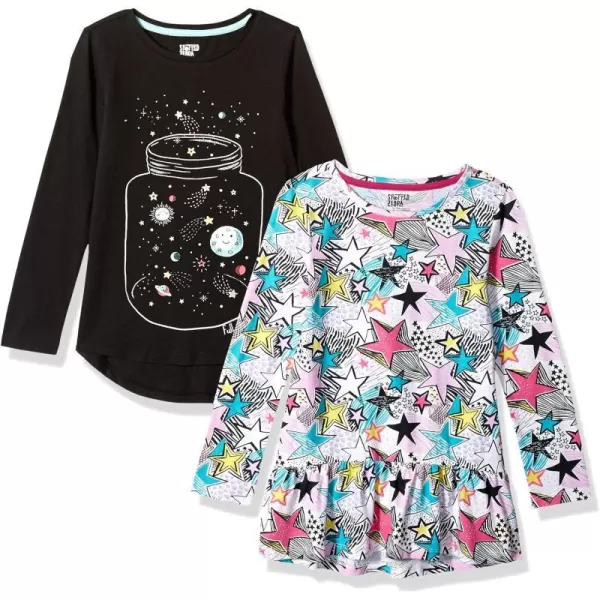 Amazon Essentials Girls and Toddlers LongSleeve Tunic TShirts Previously Spotted Zebra Pack of 2Black SpacePink Stars