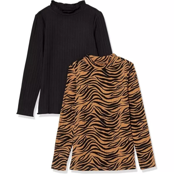 Amazon Essentials Girls and Toddlers Slimfit LongSleeve Mockneck Tops Pack of 2BlackBrown Animal Print