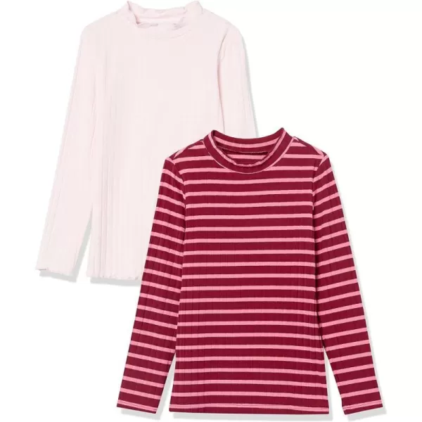 Amazon Essentials Girls and Toddlers Slimfit LongSleeve Mockneck Tops Pack of 2Light PinkBerry Stripe