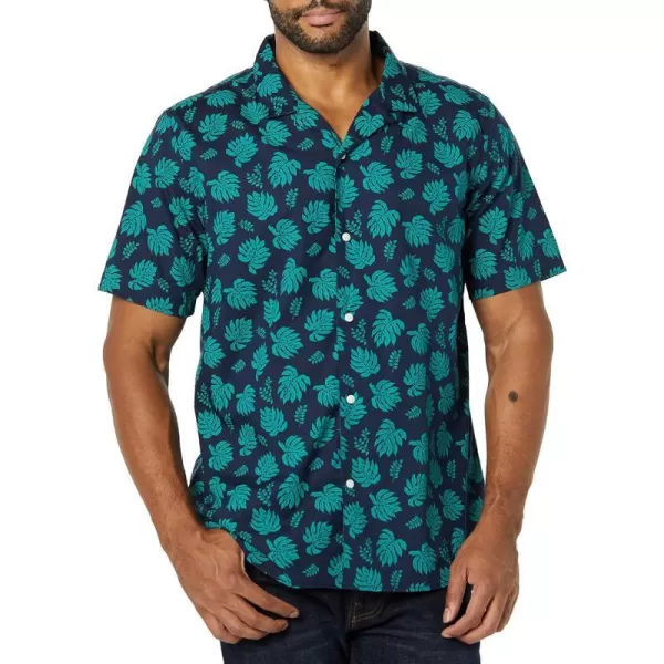 Amazon Essentials Mens SlimFit Vacation ShirtNavy Teal Green Palm Leaf Print