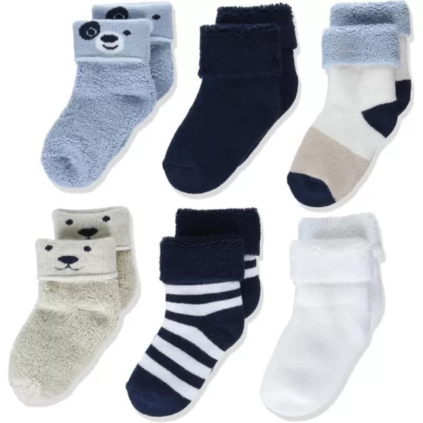 Amazon Essentials Unisex Babies Cozy Cotton Turn Cuff Socks 6 PairsBlueNavyStripe