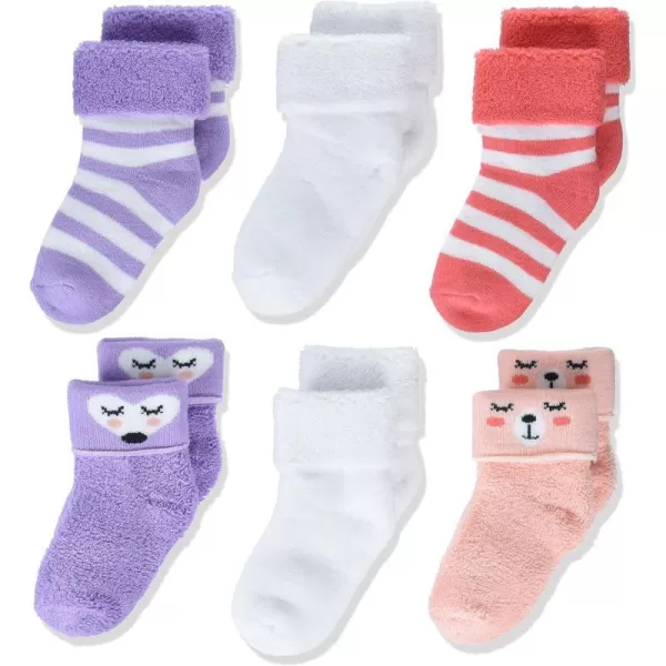 Amazon Essentials Unisex Babies Cozy Cotton Turn Cuff Socks 6 PairsPinkPurpleStripe