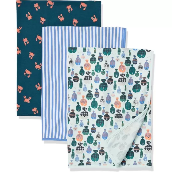 Amazon Essentials Unisex Kids Swaddle Blankets Pack of 33pack Blue Sea Life