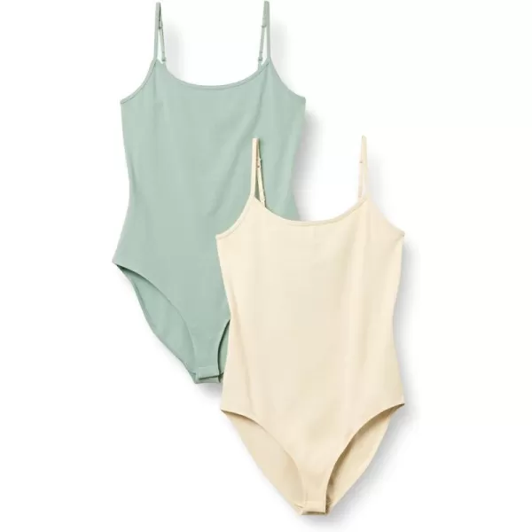 Amazon Essentials Womens SlimFit Cami Bodysuit Pack of 2BeigeLight Sage Green