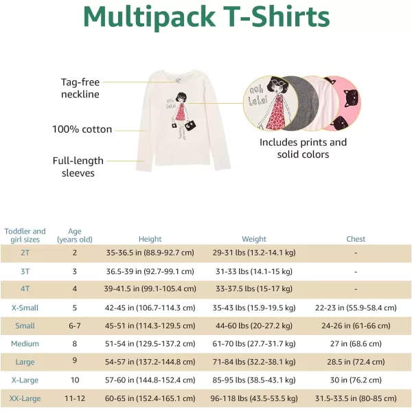 Amazon Essentials Girls and Toddlers LongSleeve TShirts Previously Spotted Zebra Multipacks4 Aqua GreenWhiteCamoLetters