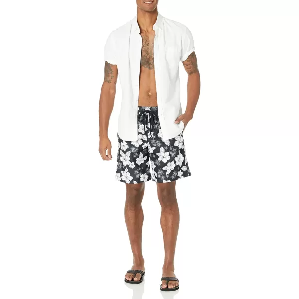 Amazon Essentials Mens 9 QuickDry Swim TrunkBlack Hibiscus Flower