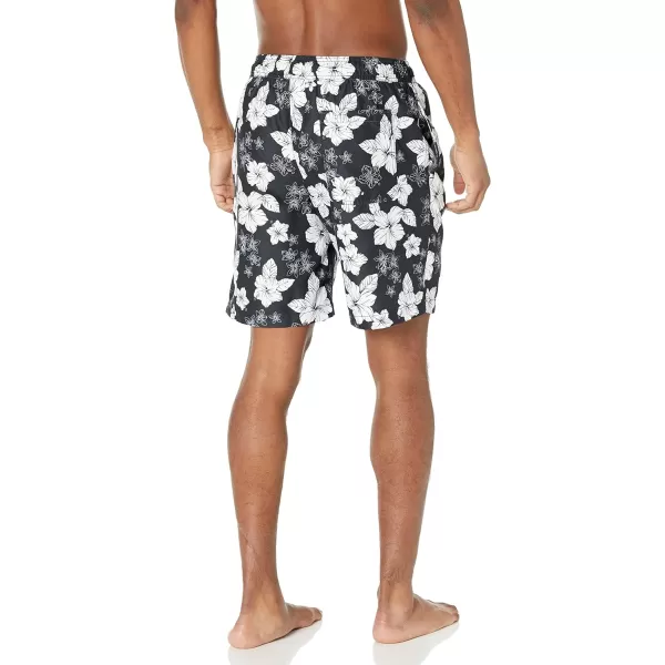 Amazon Essentials Mens 9 QuickDry Swim TrunkBlack Hibiscus Flower