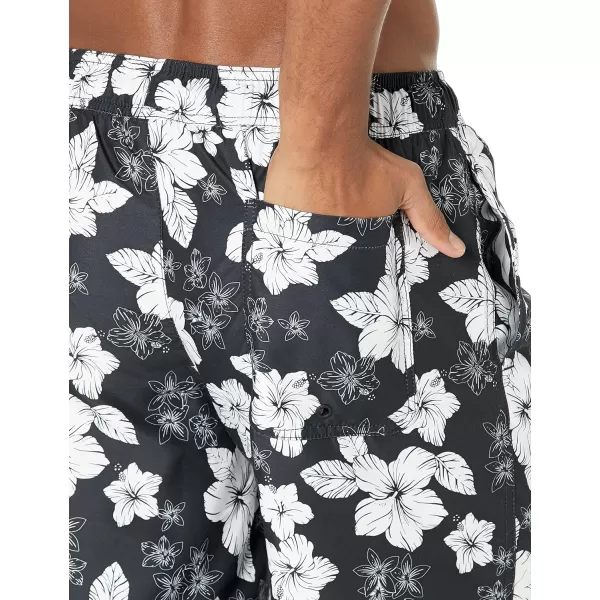 Amazon Essentials Mens 9 QuickDry Swim TrunkBlack Hibiscus Flower