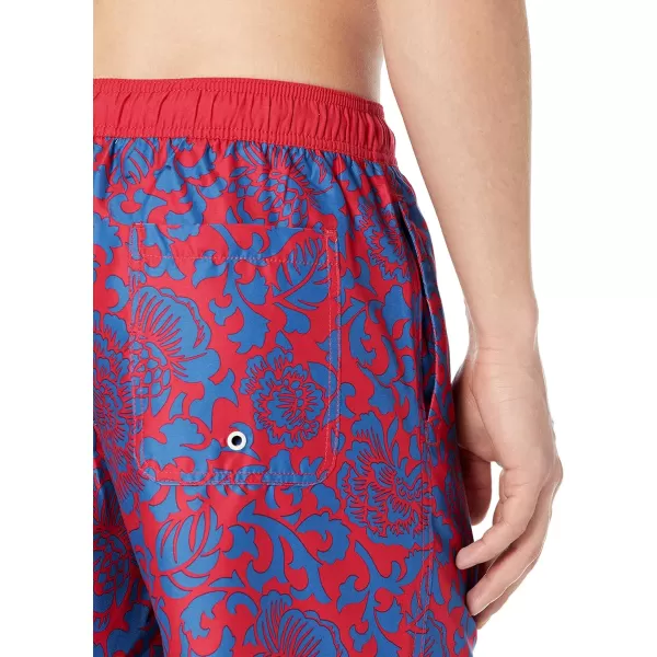 Amazon Essentials Mens 9 QuickDry Swim TrunkDark Blue Vintage Red Floral