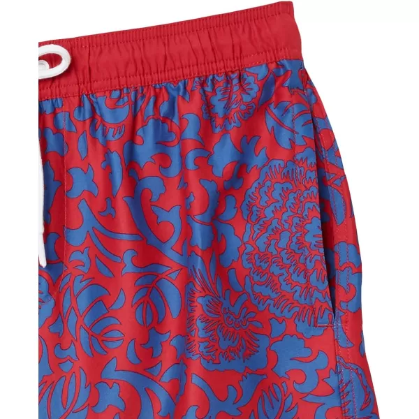 Amazon Essentials Mens 9 QuickDry Swim TrunkDark Blue Vintage Red Floral