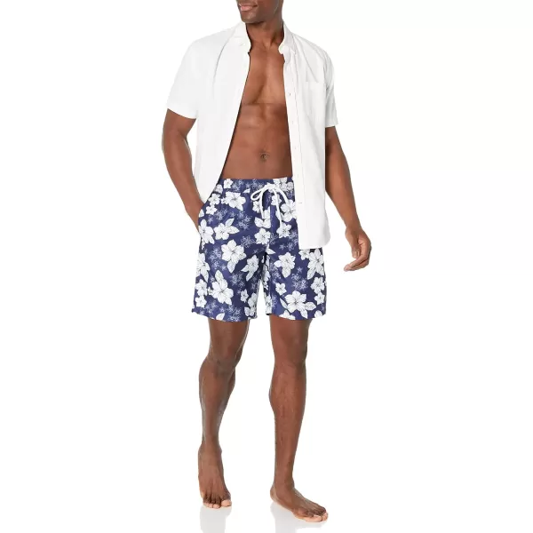 Amazon Essentials Mens 9 QuickDry Swim TrunkNavy Hibiscus Flower