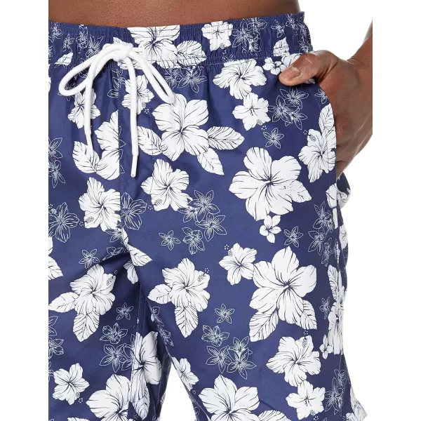 Amazon Essentials Mens 9 QuickDry Swim TrunkNavy Hibiscus Flower