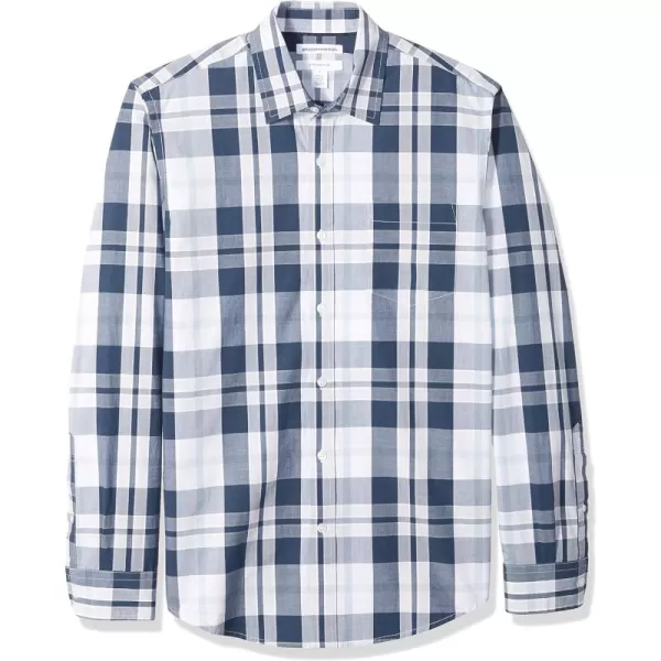 Amazon Essentials Mens SlimFit LongSleeve Poplin ShirtNavy White Large Plaid