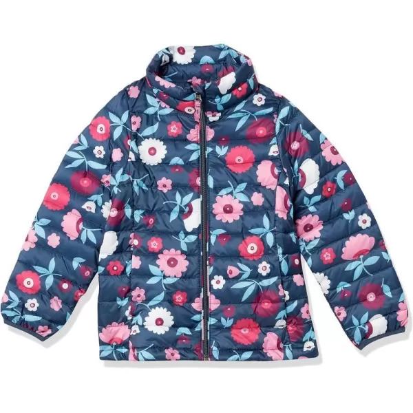 Amazon Essentials Girls and Toddlers Lightweight WaterResistant Packable Mock Puffer JacketNavy Floral