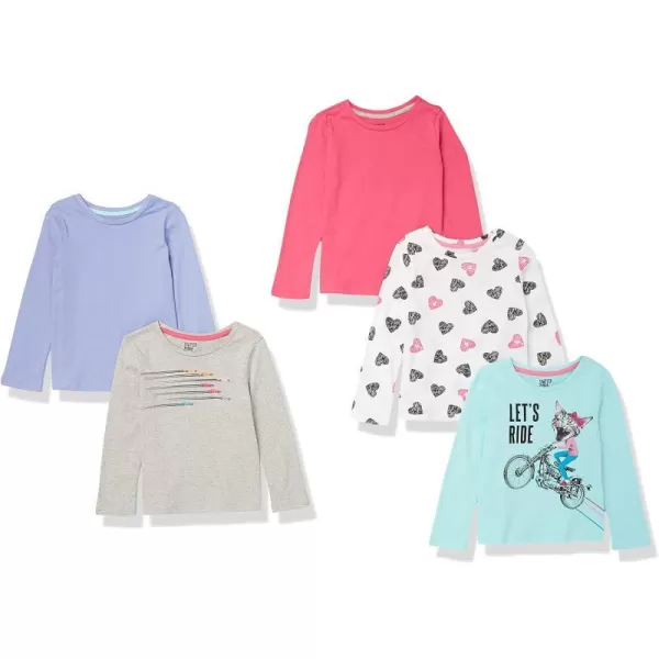 Amazon Essentials Girls and Toddlers LongSleeve TShirts Previously Spotted Zebra Multipacks5 LilacGrey RacingPinkTurquoise Blue CatWhite Hearts