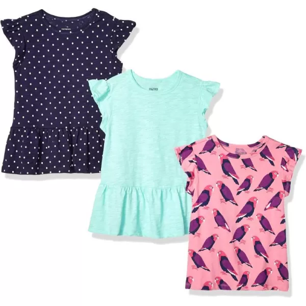 Amazon Essentials Girls and Toddlers ShortSleeve Flutter TShirts Previously Spotted Zebra Pack of 3NavyGreenPink DotsSparrow