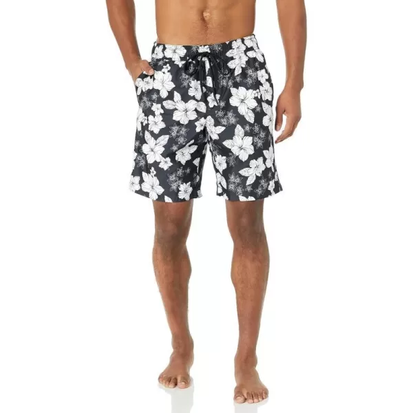 Amazon Essentials Mens 9 QuickDry Swim TrunkBlack Hibiscus Flower