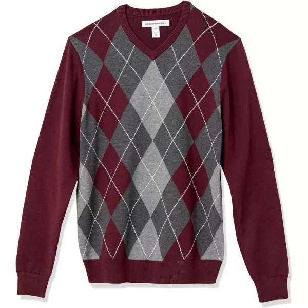 Amazon Essentials Mens VNeck Sweater Available in Big amp TallBurgundy Argyle