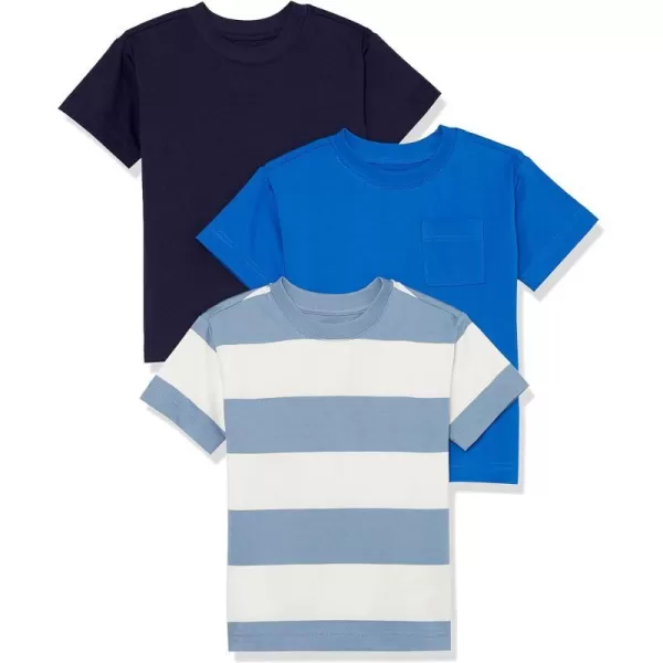 Amazon Essentials Unisex Kids and Toddlers Modern ShortSleeve TShirt Pack of 3Bright BlueDark NavyWhite Rugby Stripe