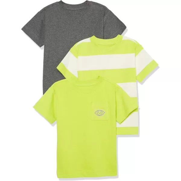 Amazon Essentials Unisex Kids and Toddlers Modern ShortSleeve TShirt Pack of 3Charcoal HeatherLime GreenWhite Rugby Stripe