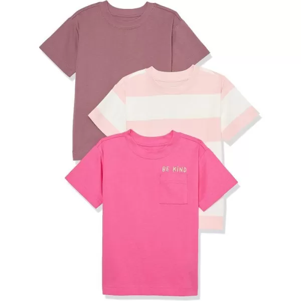 Amazon Essentials Unisex Kids and Toddlers Modern ShortSleeve TShirt Pack of 3PinkRoseWhite Rugby Stripe