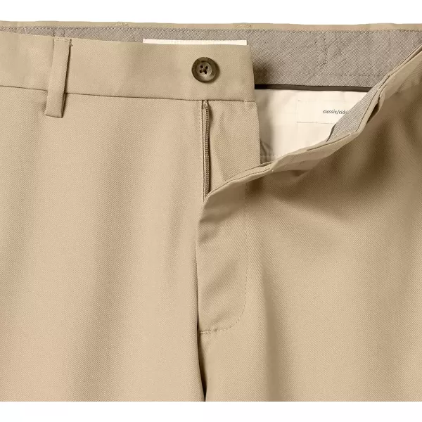 Amazon Essentials Mens ClassicFit ExpandableWaist FlatFront Dress PantPolyester Khaki Brown