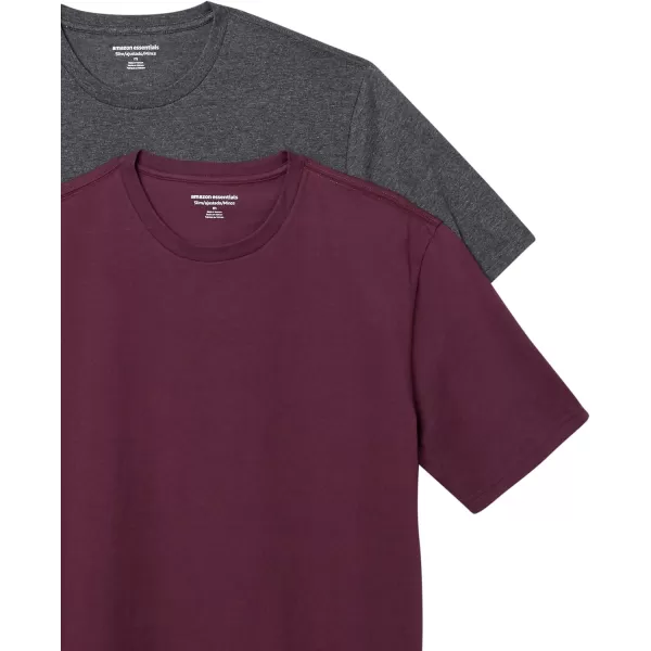 Amazon Essentials Mens SlimFit ShortSleeve Crewneck TShirt Pack of 2Charcoal HeatherBurgundy No Pocket